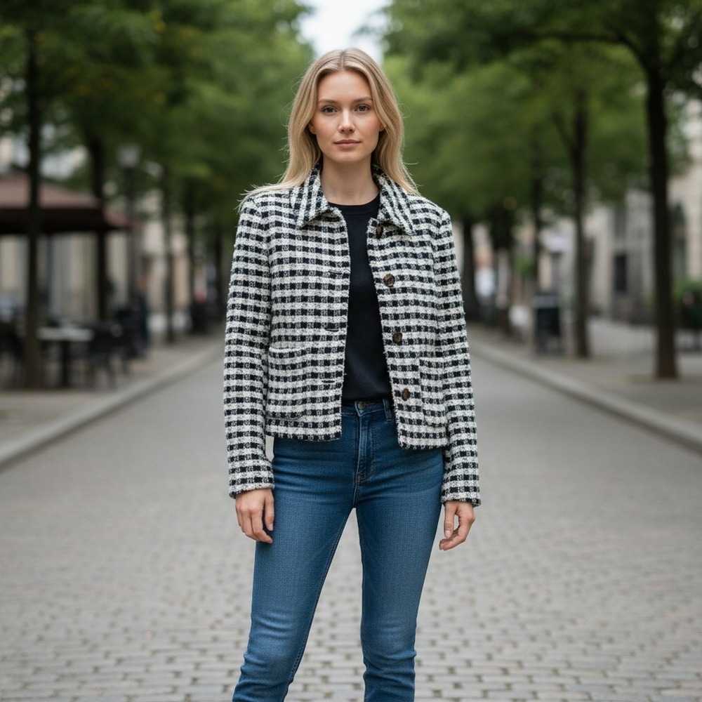 LOFT Outlet Black White Checkered Blazer Jacket Medium Gingham Button Front